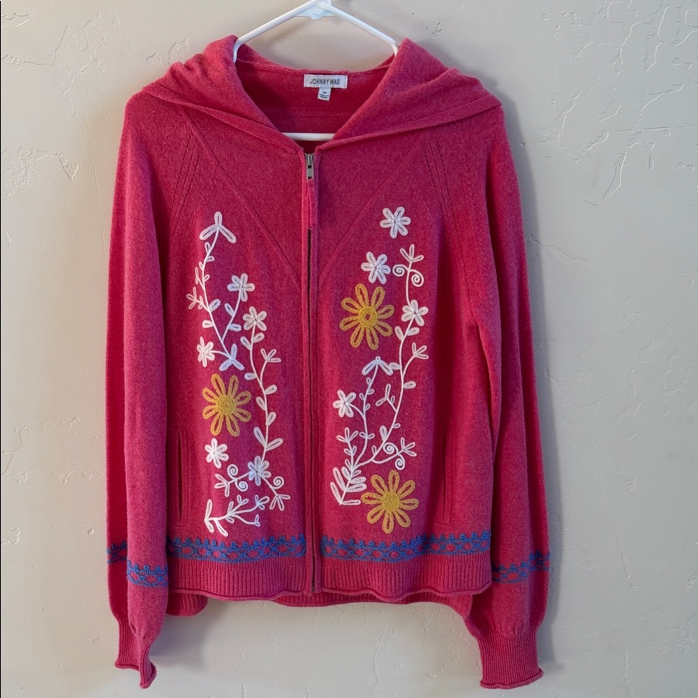 Johnny Was Pink Floral Embroidered Cardigan